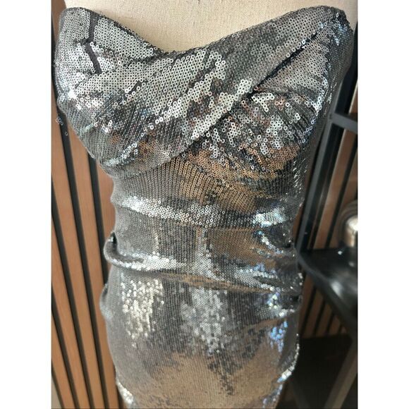 Nicole miller sparkly silver maxi strapless long dress size 8 mermaid style with - Picture 2 of 9